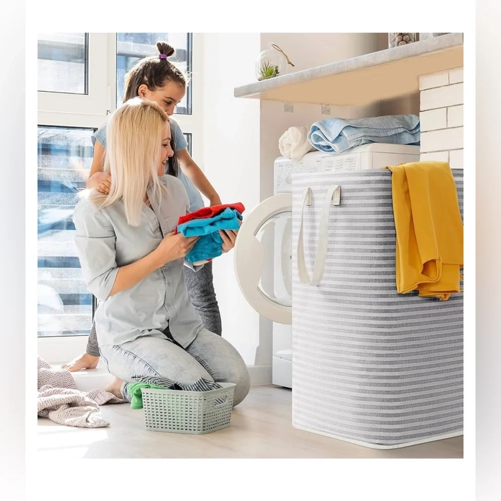 Gray and White Striped Laundry Basket. (Pack of 2)🧺